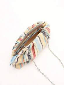 1 pieza Bolso de mano de paja tejida a rayas de colores, diseño de volantes a rayas arcoíris, bolso de playa casual de moda con correa para mujer (patrón a rayas cortado y distribuido al azar) - Multicolor - Ver 10