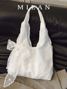 Sac fourre-tout imprimé floral mignon [Placement aléatoire du motif de fleurs en dentelle] - Beige - Voir 1