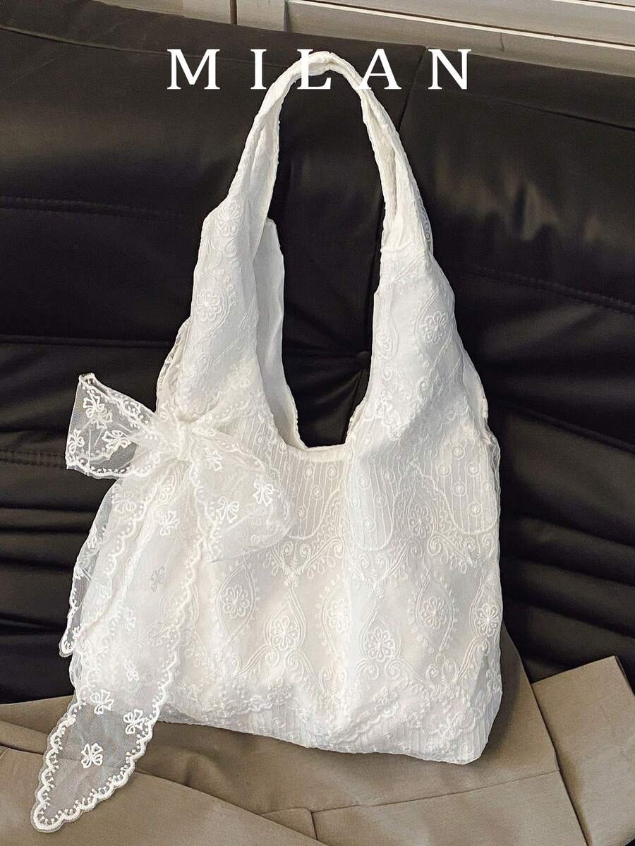 Sac fourre-tout imprimé floral mignon [Placement aléatoire du motif de fleurs en dentelle] - Beige - Voir 1