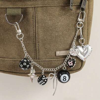1pc Y2K Silver Chain Bag Charm With 8 Balls, Dice, And A Heart-Shaped Pendant; Detachable Backpack Charm; Punk-Style Bag Charm; A Must-Have For Women