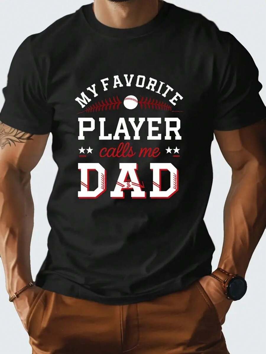 Camiseta de Béisbol para Hombre - Estampado "Mi Jugador Favorito Me Llama Papá", Regalo para el Día del Padre, Camiseta Casual de Cuello Redondo con Diseño de Número de Jersey de Béisbol, Ropa Lavable a Máquina para Padres de la Liga Infantil y Aficionados al Béisbol - Negro - Ver 1