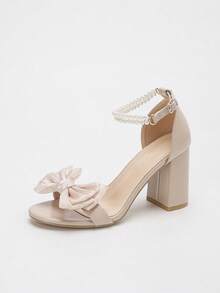 Summer Fashion Faux Pearl Bow Bridal Open Toe High Heel Shoes, Soft Apricot Leather Strap Thick Heel Sexy Round Toe Super High Heel Sandals For Women - Apricot - View 9