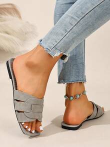 Ximi Ruo New Spring/Summer Fashion Casual Strap Slide Sandals, Comfortable Flat Heel Round Toe Beach Slippers, Versatile Slip-On Sandals For Women - Grey - View 3