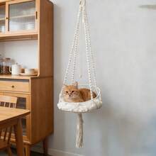 1 chiếc võng treo cho mèo bằng macrame, kiểu Bohemian, giường treo cho mèo, trụ cào móng gắn tường đáng tin cậy, võng đu cho mèo bằng sợi dệt thủ công, phù hợp cho mọi mùa - Không bao gồm đệm. - Màu be - Xem 2