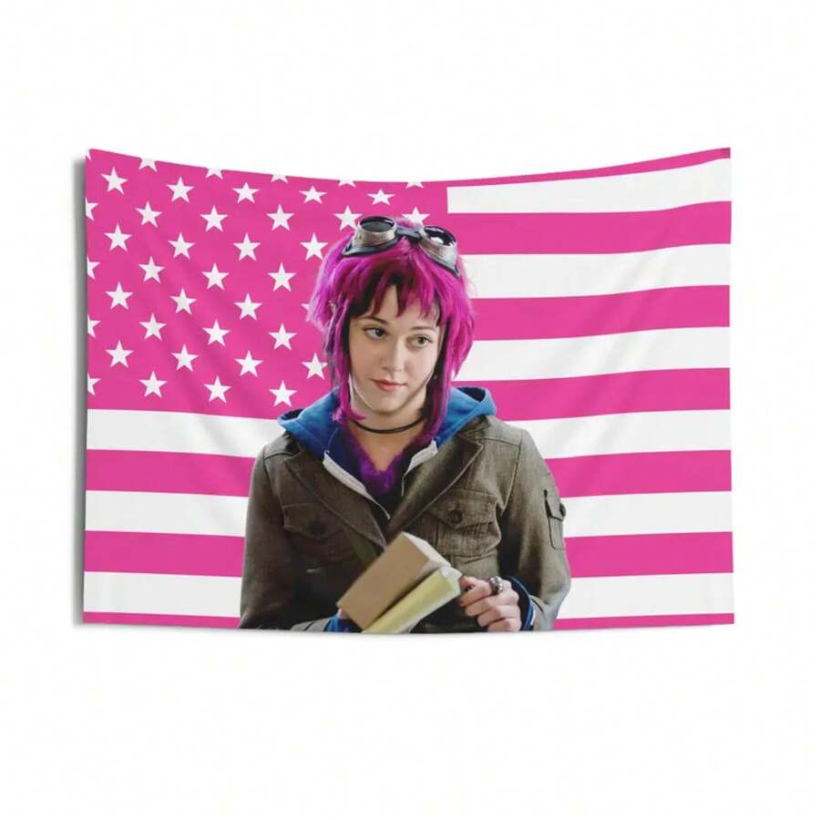 Ramona Wears Goggles Scott Pilgrim- Mary Elizabeth Winstead Tapestries, Ramona Flowers Pink Flag, Ramona Flowers Indoor Wall Tapestries - Trắng 1 cái - Xem 1