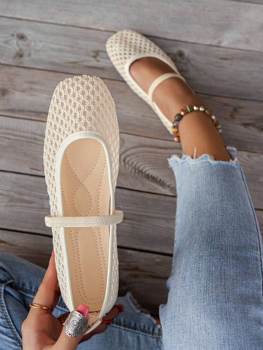 Nouvelles chaussures plates à mailles ajourées pour femmes, chaussures de ballet mode Mary Jane, douces et élégantes, mocassins respirants à enfiler pour l'été, cadeau pour la fête des mères - Lanterne Beige - Voir 1