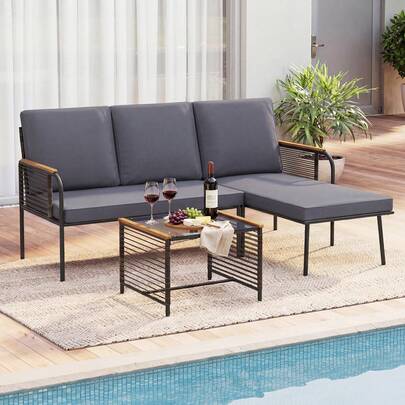  COSTWAY 3 Pieces Wicker Furniture Set, Outdoor L-Shaped Sofa Set With Cushions & Tempered Glass Side Table, Patio Rattan Corner Conversation Set With Metal Frame For Backyard, Porch, Garden, Grey