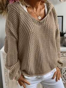 Maglione casual con cappuccio in rete, adatto per donne taglia comoda, per primavera/autunno e vacanze - Cachi - Visualizzare 3