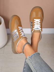 Women's Brown & Silver Striped Mule Sneakers, Retro German Trainer Style Backless Slip-On Shoes, Breathable Mesh Casual Flats - Light Brown - View 5