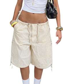 Vintage Baggy Cargo Bermuda Shorts, Low-Rise Drawstring Elastic Waist Streetwear Shorts, Casual Y2K Pants for Women - Arroz blanco - Ver 8