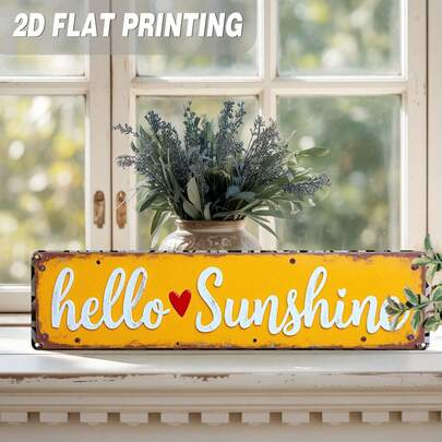 2D Flat, 1pc Minimalist "Hello Sunshine" Metal Sign - Vintage Farmhouse Decor With "Hello Sunshine" Text And Heart Shape, Large 3.9x15.7 Inch (10x40cm) Metal Wall Hanging, Suitable For Kitchen, Living Room, Entryway - Housewarming Gift, No Wiring Required, Easy Installation, Home Decor, Classic Design, Sturdy Construction, Home Decor Enthusiast, Metal Sign, Minimalist Farmhouse Decor, Retro Metal Sign