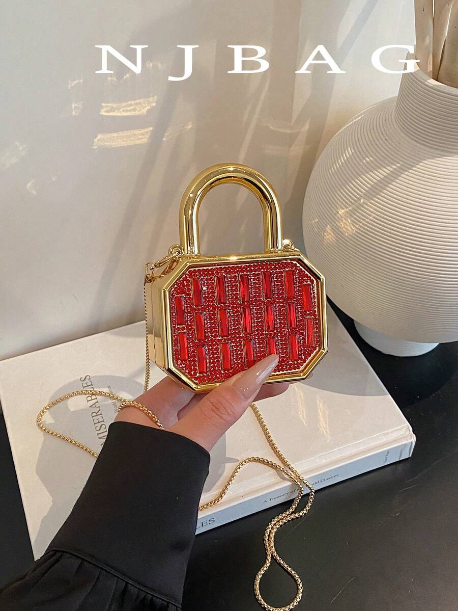 1个新款迷你金属小包，电镀银色零钱包，闪亮前卫金属不对称水钻手提包，钻石闪耀链条斜挎包，不对称手提包，配件收纳袋，优雅零钱包，耳机盒，婚礼配饰