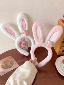 1/2 pièces Bandeau mignon à oreilles de lapin en peluche, bandeau de lavage du visage décoré de fraises, accessoire de cheveux polyvalent pour les adolescents - Multicolore - Voir 5