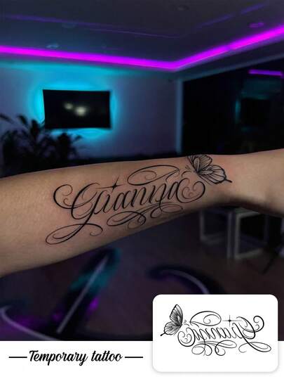 One Temporary Tattoo Sticker With Cursive Lettering + Butterfly Forearm Tattoo. Waterproof, Sweatproof, Washable, And Non-Reflective. Realistic Tattoo Effect On The Arm And Shoulder, Suitable For Everyday Use By Fashion-Conscious Individuals. Lasts 3-5 Days.