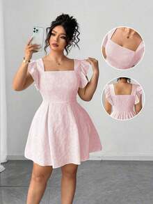 Vestido de verano de talla grande para mujer, con cintura ceñida, volantes en las mangas y estampado jacquard de unicolor, elegante estilo vacacional - Rosa - Ver 3