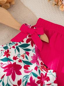 2pcs Girls Casual Bow Decor Random Print Sleeveless Top And Pants Set, Summer - Hot Pink - View 4