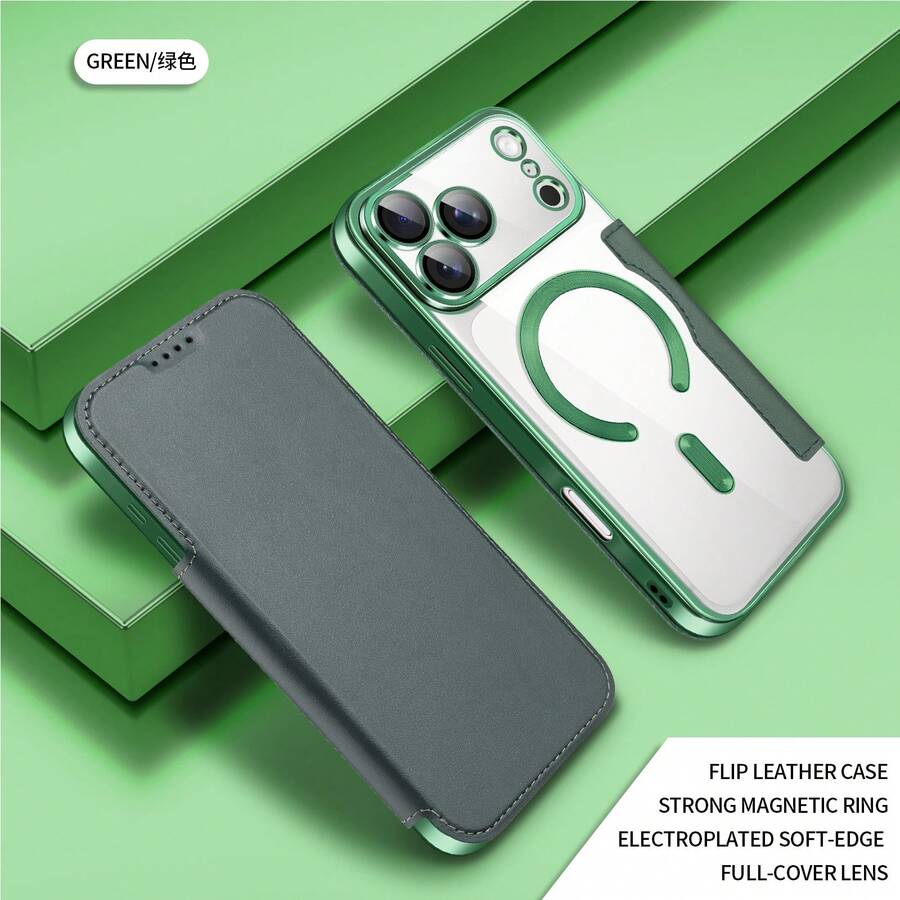 1个磁吸翻盖全包透明保护壳，带卡槽，防摔皮革保护套，兼容Apple 17 Pro Max