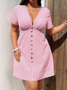 Vestido mini casual con cuello en V ajustado a rayas rojas y blancas con contraste de color, talla grande - Rosa - Ver 5