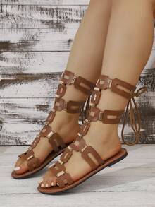 Summer New Women's High-Top Open Toe Lace-Up Design, Hollow Rivet Inlaid Comfortable Fashion Casual Relaxed Roman Sandals - Brown - View 4