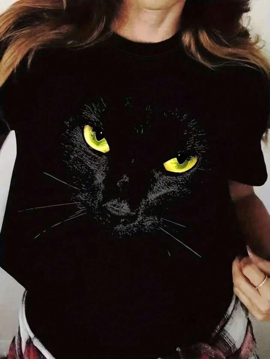 Women's T-Shirt With Black Cat Print And Striking Yellow Eyes - Stylish Blouse - màu đen - Xem 1