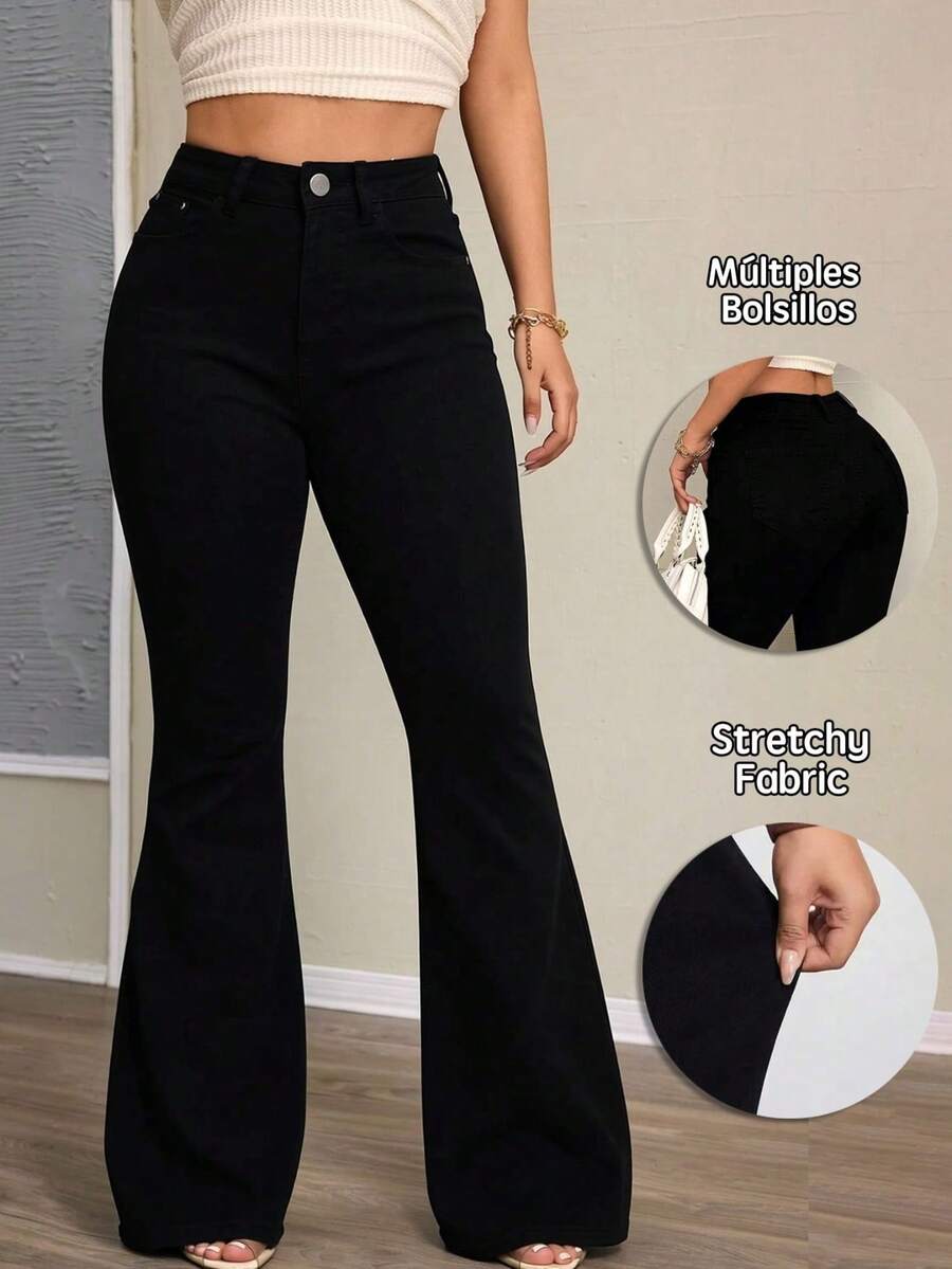 Black Denim Flared Trousers, Mid-Rise, Fitted And Stretchy - Black - View 1