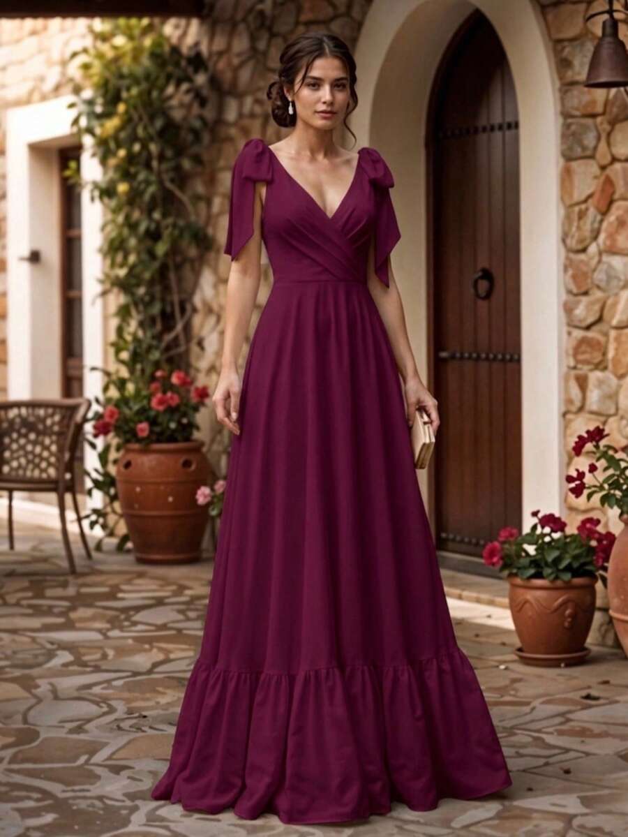 Vestido Largo Escote en V Espalda Descubierta para Mujer - Rojo violeta - Ver 1
