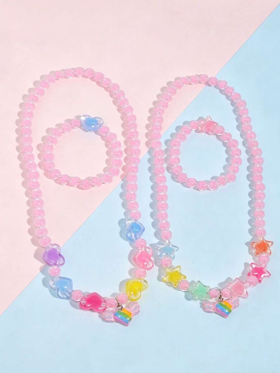 2pcs/Set Girls' Cute Heart-Shaped Beaded Necklace And Bracelet Set, Suitable For Daily Wear, Festivals, Birthday Gifts - one-size - View 1