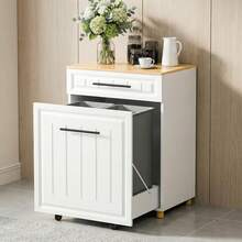 Double Pull Out Trash Can Cabinet For 2*10 Gallon Bins, Pet Proof Hidden Trash Bin Cabinet With Drawer, Freestanding Wooden Garbage Recycling & Laundry Hamper For Kitchen, Laundry, Living Room - White - View 6
