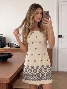 Vestido corto A-line para mujer, sin mangas y con tirantes finos, con estampado tropical de flores y palmeras.Diseño ajustado en la cintura, silueta favorecedora y ligera.Ideal para uso casual, vacaciones y salidas de primavera y verano. - Multicolor 3 - Ver 12