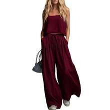 Fashionable Women's Solid Color Casual Cotton-Linen Camisole Top And Wide-Leg Pants Set - 黑色 - 查看 6