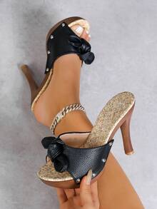 Women's Sexy Party Bow Decor Rivet Detail High Heel Sandals - Lychee-patterned Black - View 5