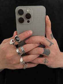 6pcs Hip Hop Black 8 Rings, Fashionable Personalized Five-Pointed Star Chain Rings, Niche Design Jewelry Set, Stylish Charm Accessories, Valentine's Day Gift For Husband/Boyfriend - Five-pointed Star Openwork Ring - View 3