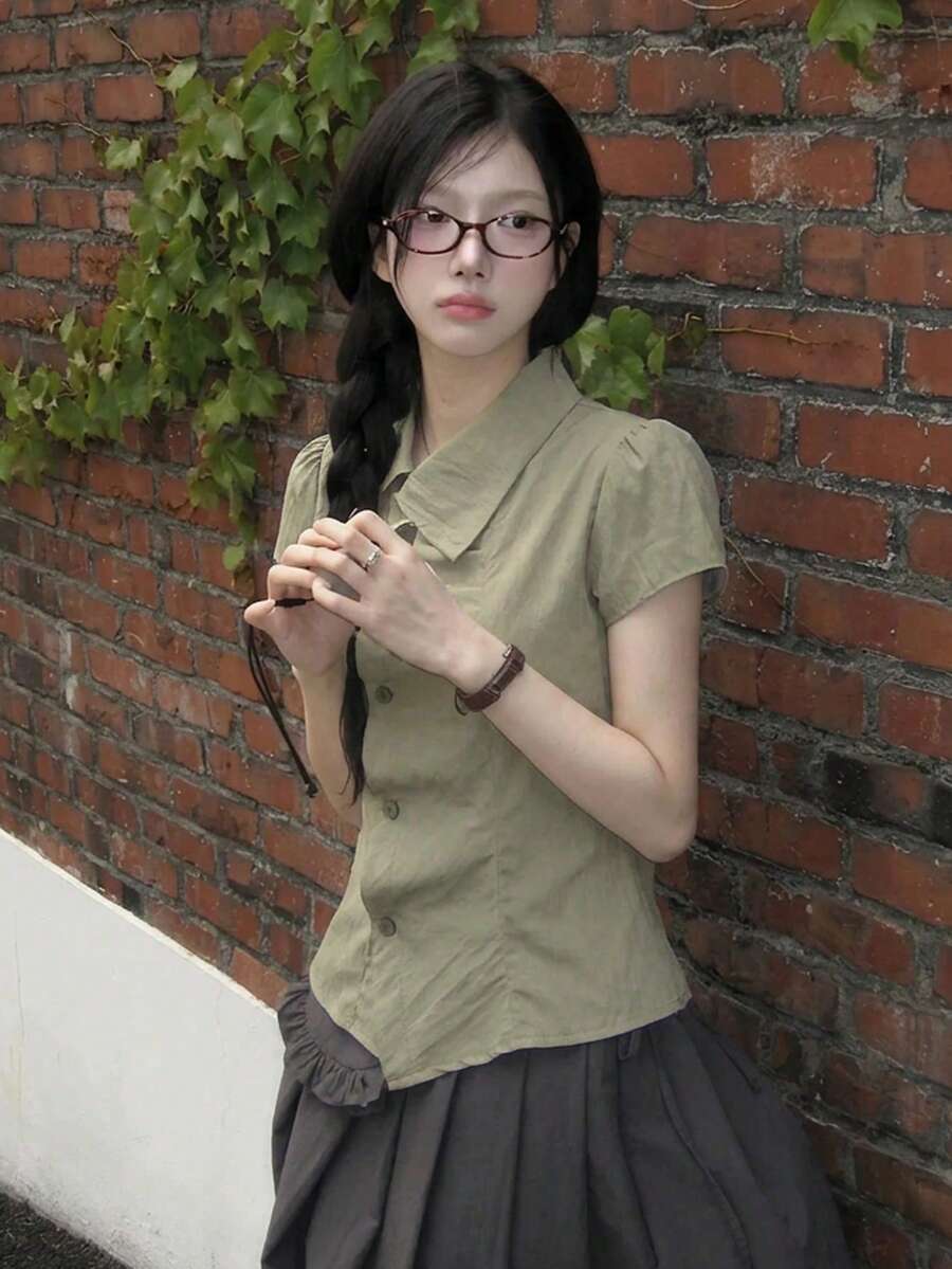 2025春夏款不对称领女士短袖纯色纽扣衬衫 - 灰色 - 查看 1