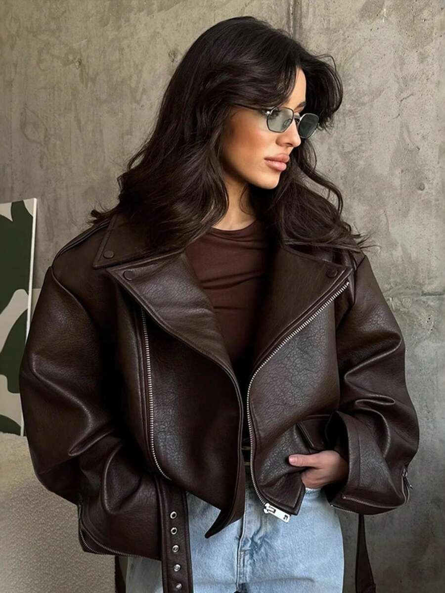Chaqueta corta marrón con diseño premium y cinturón ajustable - Marrón - Ver 1