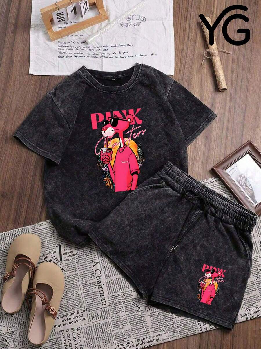 Women's Printed Pattern Set 100% Cotton Vintage Washed T Shirts 2PCS Women's T-Shirt And Shorts Set With Printed Round Neck Short Sleeved Top, Casual T-Shirt And Drawstring Waist Shorts Set - 黑色 - 查看 1