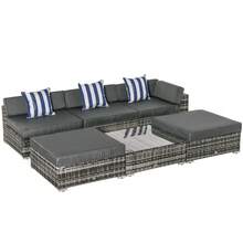 6 PC Rattan Sofa Coffee Table Set Sectional Wicker Weave Furniture For Garden Outdoor Conservatory W/ Pillow Cushion Grey - Grey - View 2