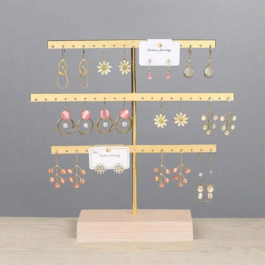 1个金属耳环收纳架，家用珠宝展示架，木质底座 - 耳钉、吊坠、项链架和耳环展示架 - 金色 - 查看 1