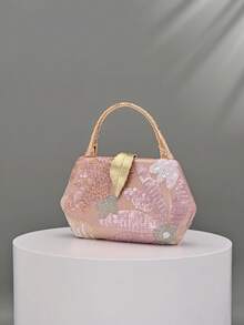Túi cầm tay đính sequin màu hồng, ví cứng dành cho nữ với quai xách kim loại màu vàng, túi xách trang trọng, thanh lịch dự tiệc cưới (mẫu ngẫu nhiên) - Hồng - Xem 5