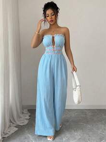 abyoxi Women's Light Blue Textured Ruffle Floral Decor Belted Strapless Backless Crop Top Wide Leg Jumpsuit, Casual Vacation Romantic Sexy Beach Date Afternoon Tea Everyday Wear, Stretchy Fitted Long Jumpsuit, Spring/Summer Elegant - Light Blue - View 3