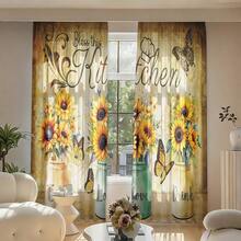 2pcs Retro Countryside Sunflower Pattern Semi-Blackout Bedroom Curtains, Punch-Free Rod Pocket Design, Easy To Install, Smooth Sliding. Country Style Curtains For Living Room And Kitchen, Suitable For Home Decoration, Room Decoration And House Partition. Made Of Polyester, Machine Washable And Hand Washable - Multicolor - View 5