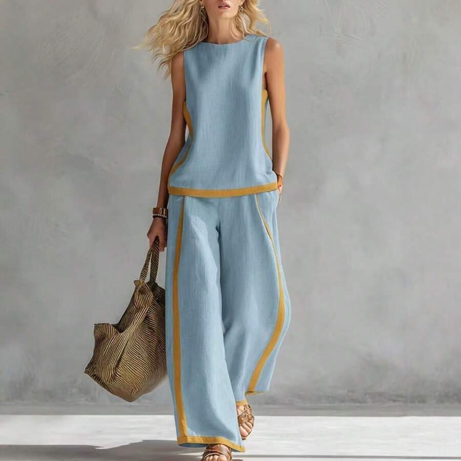 2026 New Sleeveless Contrasting Color Wide-Leg Pants Set Women's Summer Casual Fashion Two-Piece Set - Light Blue - View 1