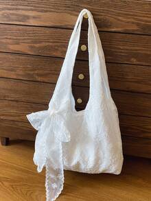 Sac fourre-tout imprimé floral mignon [Placement aléatoire du motif de fleurs en dentelle] - Beige - Voir 4