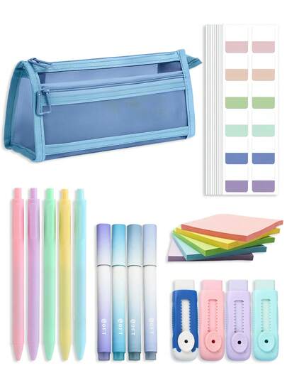 Macaron Color Stationery Set, Including Mesh Pencil Case, Push-Button Pen, Highlighter, Sticky Notes, Retractable Eraser, Index Tabs, Macaron Color Back To School Supplies, Desktop Organization Tools