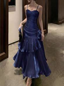 闪亮荷叶边下摆派对礼服，优雅炫彩吊带演唱会礼服，时尚伴娘正式生日毕业礼服，春夏婚纱 - 藏蓝色 - 查看 5