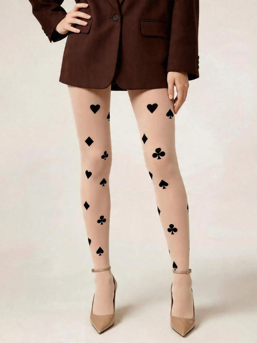 1 pieza Medias ligeras de efecto de piernas desnudas para primavera/verano | Patrón de corazón de póker | Estilo minimalista y sexy | Medias transparentes versátiles para mujer - Multicolor - Ver 1