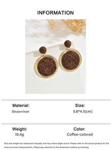 OOQ 1 Pair Coffee Color Geometric Round Raffia Straw Women's Fashion Earrings, Fresh Minimalist Ins Style Personalized Ear Jewelry, Suitable For Holidays, Commuting, Parties, Balls, Music Festivals, Summer Beach Vacation Matching Earrings (Handmade Weaving Method Random, Pure Handmade May Occur Glue Overflow Marks) - Brown - View 6