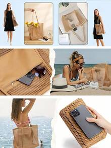 Mesh Tote Bag, Cosmetic Bag, Casual Handbag, Foldable Women's Shoulder Bag For Picnic, Waterproof, Foldable, Essential Bag, Multifunctional Shoulder Shopping Tote, Mesh Hollow Bag, Beach Bag, Bathroom Storage Bag, Multifunctional Toiletry Bag, Bathroom Bag And Shoulder Tote, Lightweight, Large Capacity, Portable Mesh Beach Bag, Suitable For Family Travel, Vacation, Beach, Camping And Hiking, Summer Holiday Bag ,Makeup Bag - 彩色 - 查看 11