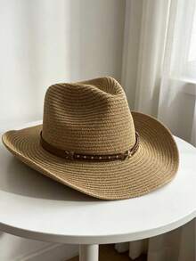 1 Wide Brim Straw Hat, Sun Protection Western Cowboy Hat/Cowboy Hat, Summer Beach Sun Protection Rope Hat, Portable Folding Design,Holiday,Travel - Straw Hat With Five-pointed Star Decoration - View 6