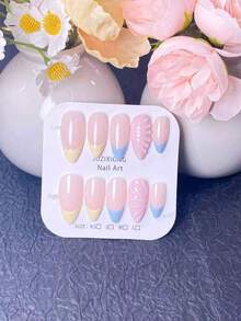 10pcs Handmade Nail Stickers, False Nails, Short Summer Nail Stickers, Acrylic Nail Stickers, Nail Sticker Set, Nail Art Supplies, Y2K Style, Nude, Pink, Yellow, Blue, Cream Yellow And Light Blue French Manicure, With 3D Shell/Wing Texture Decorations. Sweet And Fresh Style, Suitable For Ladies' Daily Commute, Summer Outings And Dates. - Multicolor - View 12