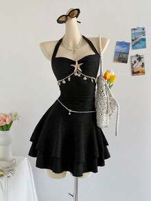 2026 Textured Knit Mini Dress With V-Neck Ruffles, Starfish And Shell Decoration, Metal Buckle, Suitable For Christmas, Date, Club, Bohemian Style, Holiday, Autumn, Vintage, Party For Women - Black - View 1